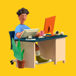 ragazzo lavora al computer da remoto, in smartworking. Lavoro non a contatto con il pubblico 